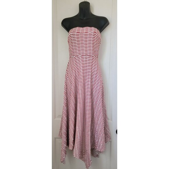 Anthropologie Maeve Caleta Strapless Red White Striped Handkerchief Hem Dress M - Picture 1 of 9